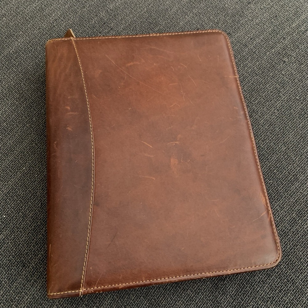 Franklin Quest Brown Leather Zip  Organizer Planner 7 Ring Binder Vtg 9" X 12"